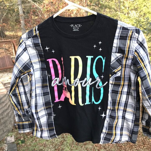 Upcycled Girl’s Cotton Plaid Tee: Oversized Paris Graphic T-Shirt, Child's 8-12 - Picture 4 of 7